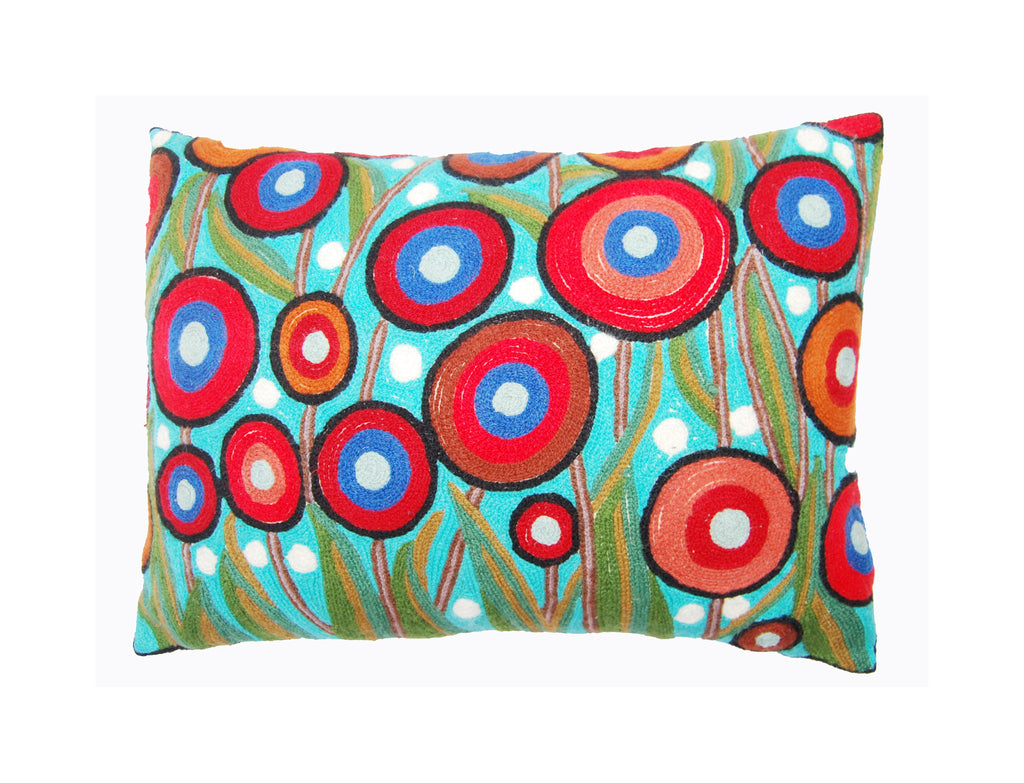 Lumbar Poppy Floral Pillow Cover Turquoise Blue Poppies Flower Pillows Farmhouse Chair Cushion Floral Poppy Hand embroidered Size 14x20