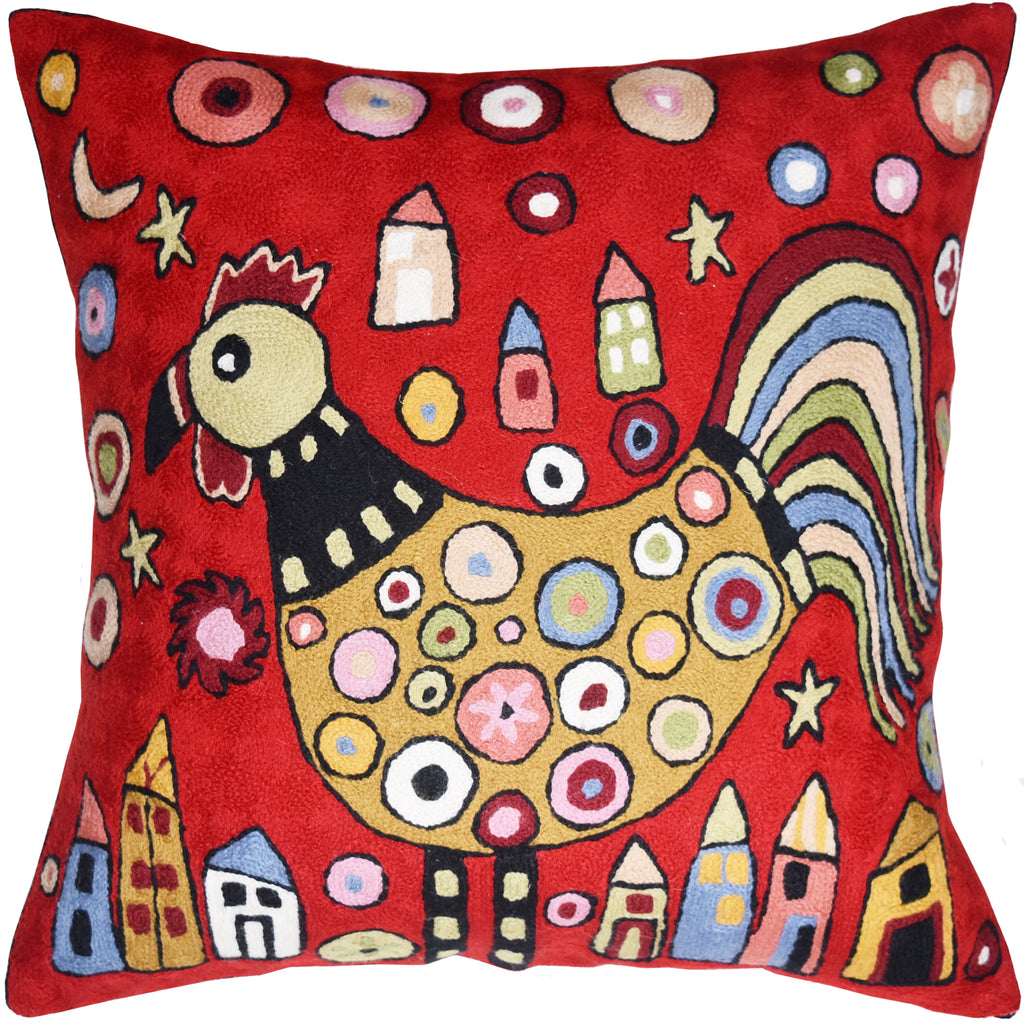 Red Rooster Accent Pillow Cover Bird Cockerel Decorative Pillowcase Karla Gerard Farmhouse Sofa Cushions Hand Embroidered Wool 18x18