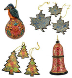 Holiday Christmas Ornaments, Hand Painted Robin Ball, Bell, Tree and Maple Set