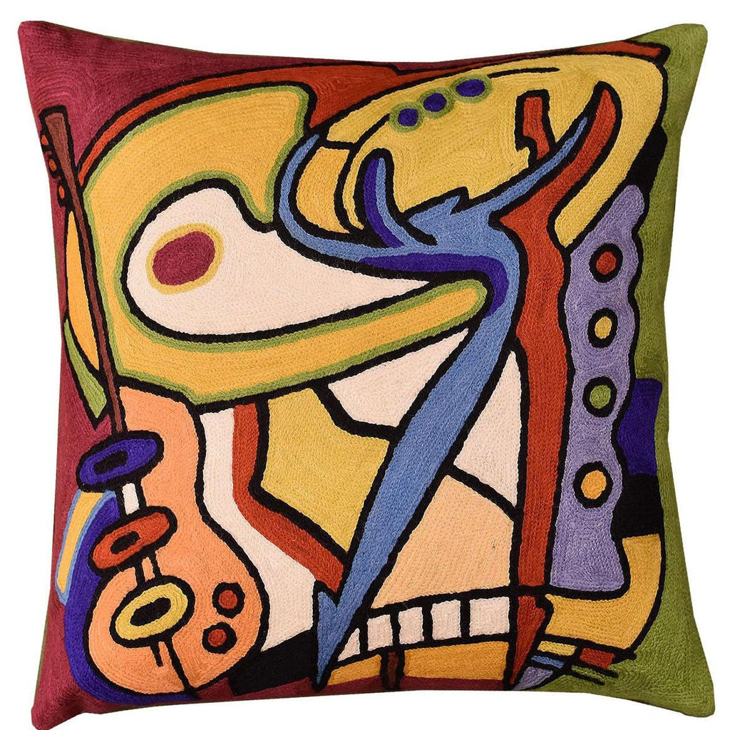 Bass Dance by Alfred Gockel Accent Pillow Cover-Handembroidered Wool 18" x 18" - KashmirDesigns