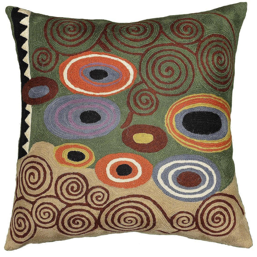 Klimt Green Swirls Decorative Pillow Cover Wool Hand Embroidered 18" x 18" - KashmirDesigns