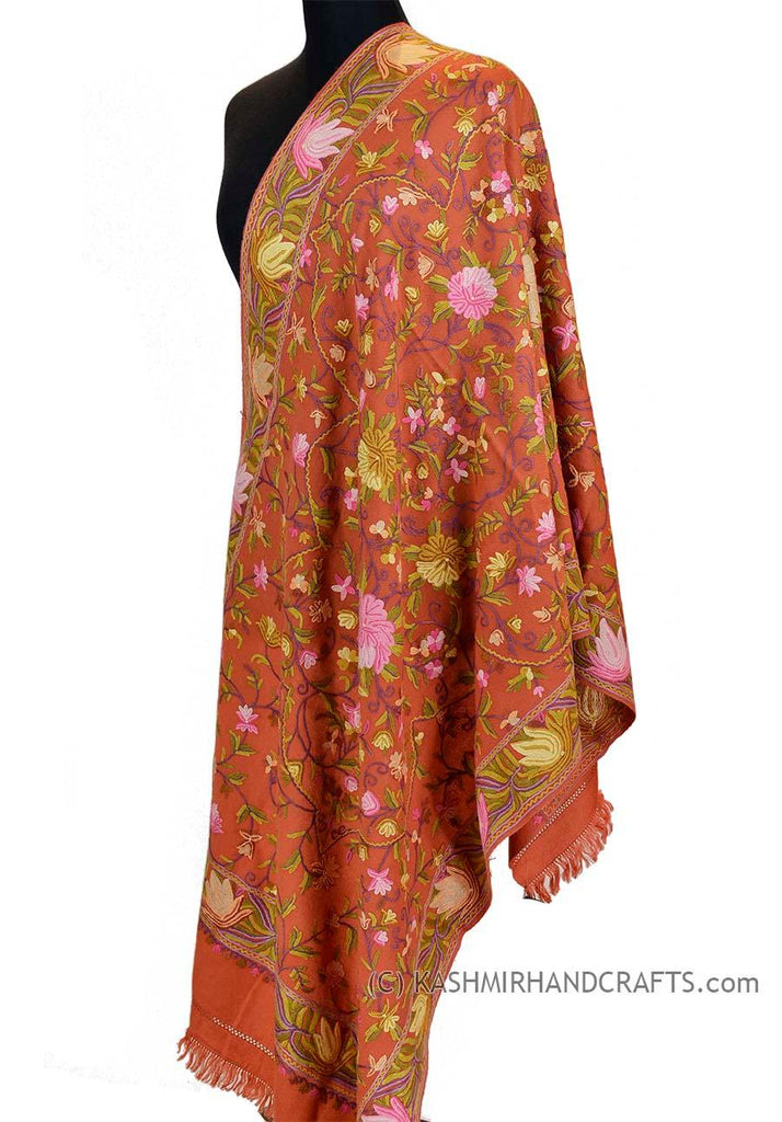 Coral Terracotta Floral Kashmir Shawl Hand Embroidered Suzani Needlework Wrap 27x76" - Kashmir Designs