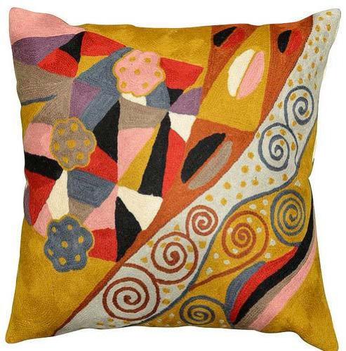 Klimt Cushion Cover Signs Of Spring Wool Hand Embroidered 18" x 18" - KashmirDesigns