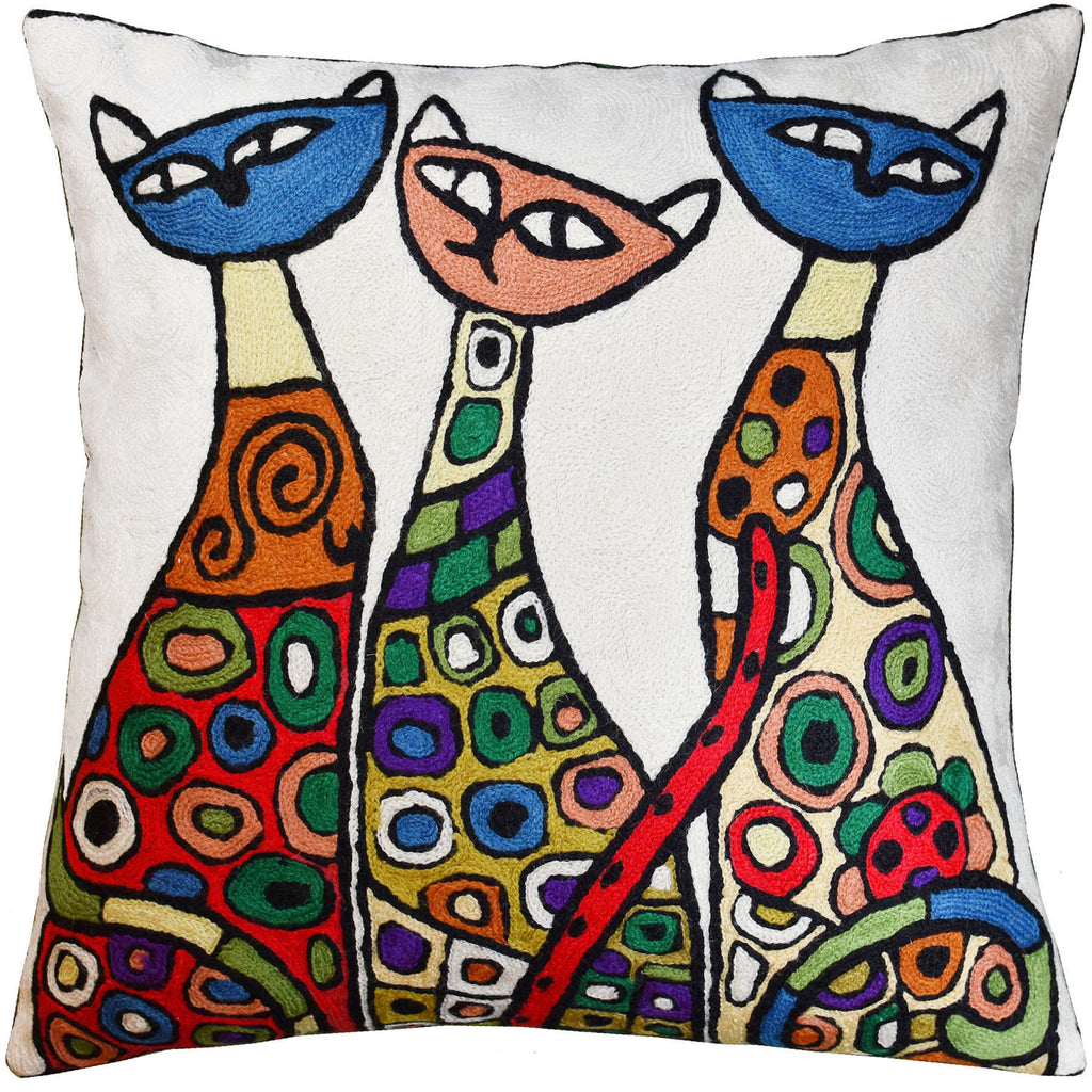 Modern Cats Ivory Cream Kitties Triplets Throw Pillow Cover Handmade Wool 18x18" - KashmirDesigns