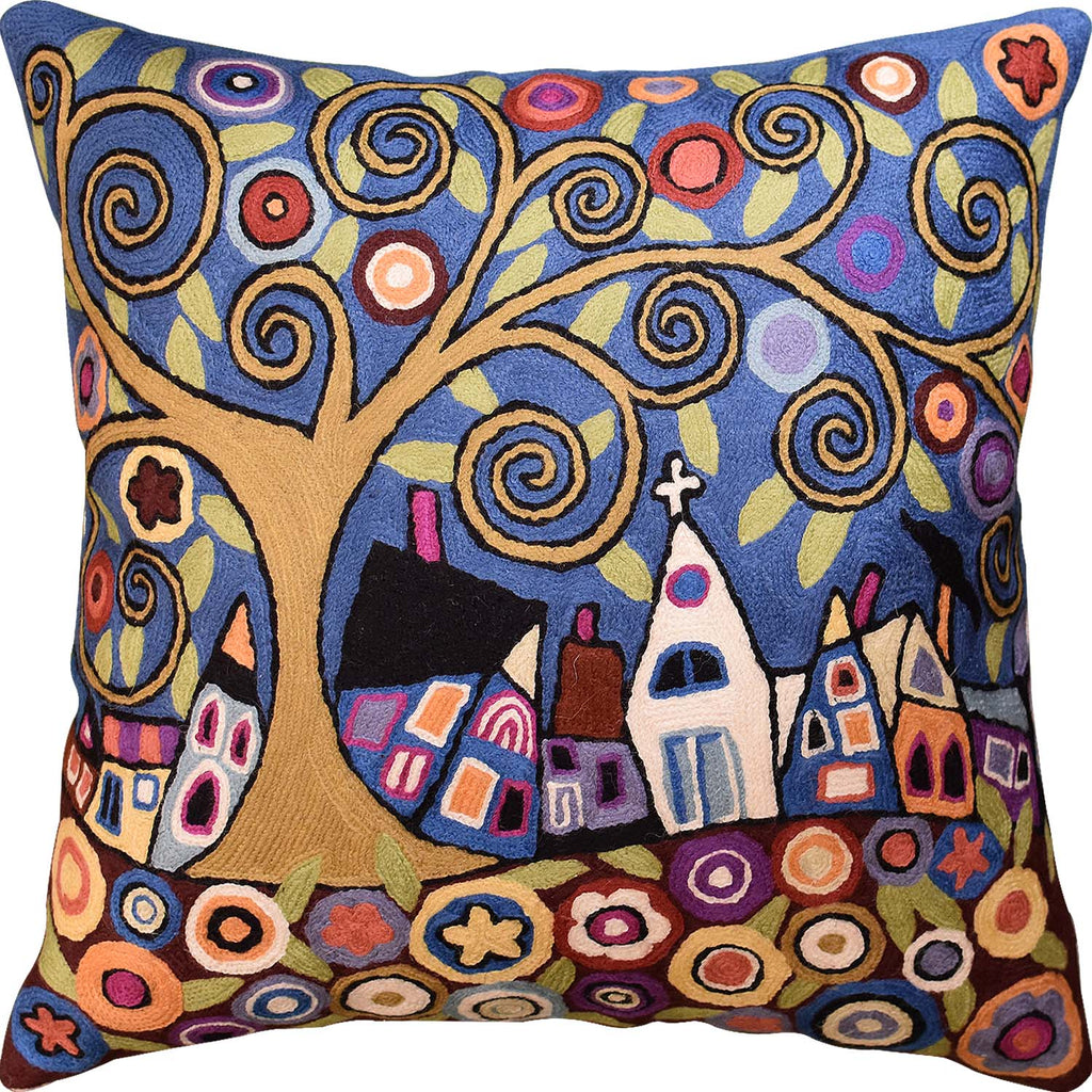 Swirl Tree Village Karla Gerard Accent Pillow Cover Handembroidered Wool 18"x18" - KashmirDesigns