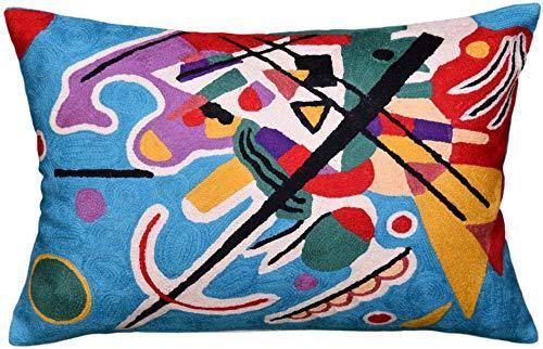 Kashmir Designs Lumbar Kandinsky Decorative Pillow Cover Blue Painting Abstract Cushion Wool HandEmbroidered 14x20 - Kashmir Designs
