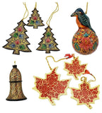Holiday Christmas Ornaments, Hand Painted Robin Ball, Bell, Tree and Maple Sets