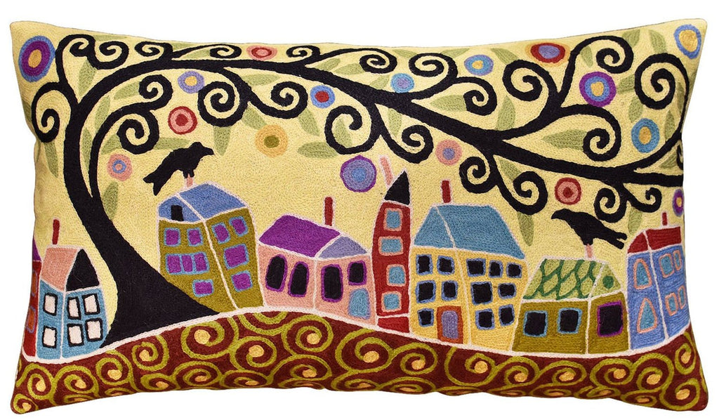 Houses Birds & Tree Karla Gerard Throw Pillow Cover Handembroidered Wool 14"x24" - KashmirDesigns