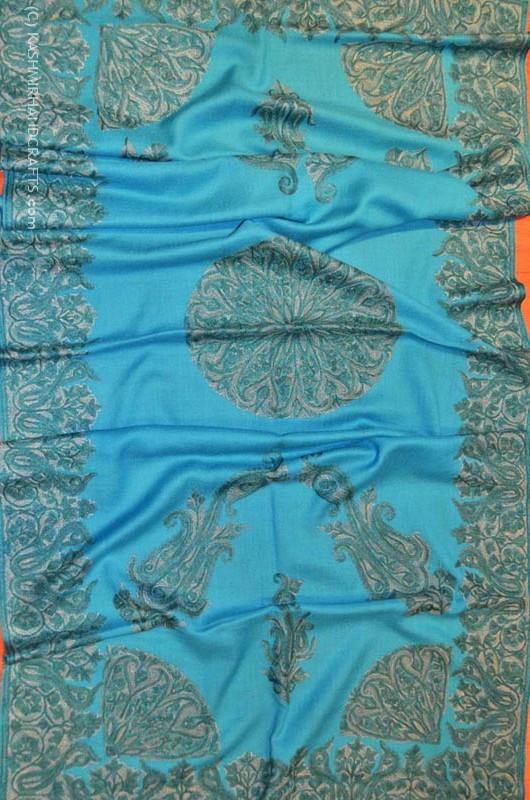 Celestial Blue Medallion Paisley Shawl Hand Embroidered Suzani Needlework Wrap 27x76" - Kashmir Designs