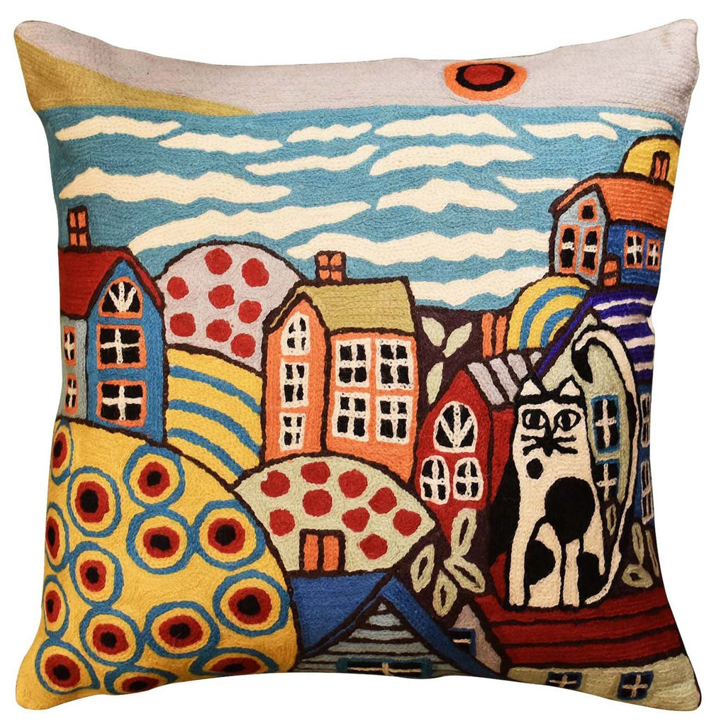 Sea Side Cat Karla Gerard Decorative Pillow Cover Handembroidered Wool 18"x18" - KashmirDesigns