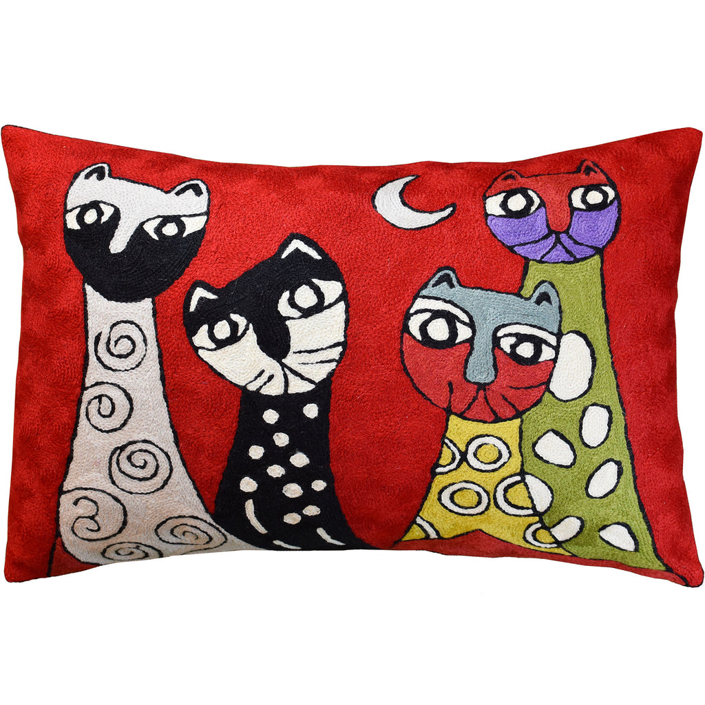 Lumbar Picasso Red Four Cats Rectangle Pillow Cover Handembroidered Wool 14x20" - KashmirDesigns