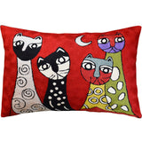 Lumbar Picasso Red Four Cats Rectangle Pillow Cover Handembroidered Wool 14x20