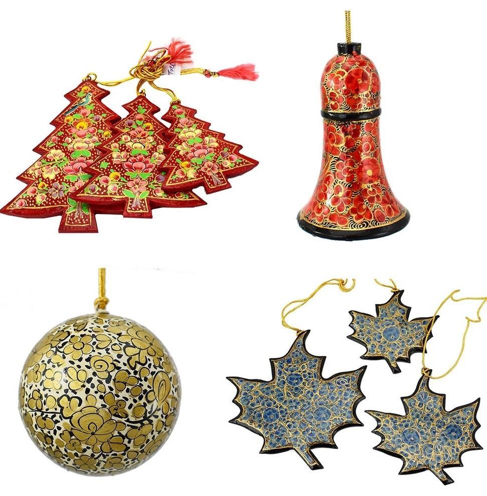 Holiday Christmas Ornaments, Hand Painted Ball, Bell, Tree and Maple Set - KashmirDesigns