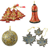 Holiday Christmas Ornaments, Hand Painted Ball, Bell, Tree and Maple Set