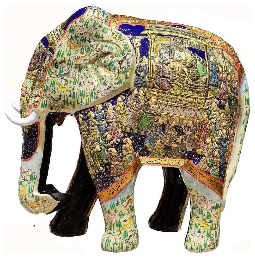 Ivory Blue Elephant Decorative Papier Mache Embossed Sculpture 13?H - KashmirDesigns