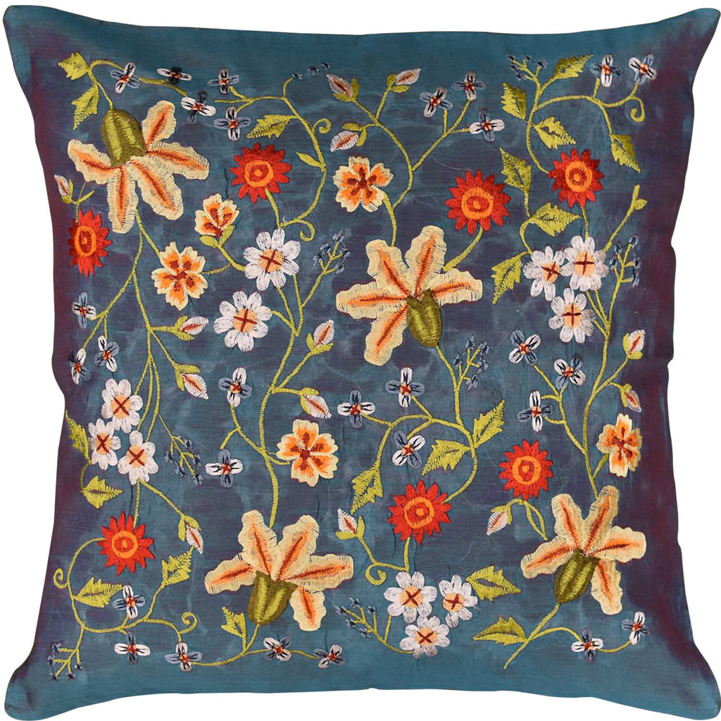 Tropica Blue Floral Design Decorative Cotton Pillow Cover Embroidered 17"x17" - KashmirDesigns