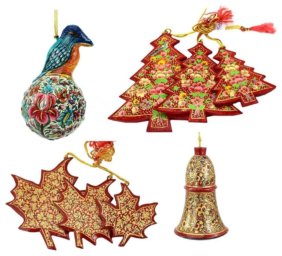 Holiday Christmas Ornaments, Hand Painted Robin Ball, Bell, Tree and Maple Sets - KashmirDesigns