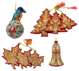 Holiday Christmas Ornaments, Hand Painted Robin Ball, Bell, Tree and Maple Sets