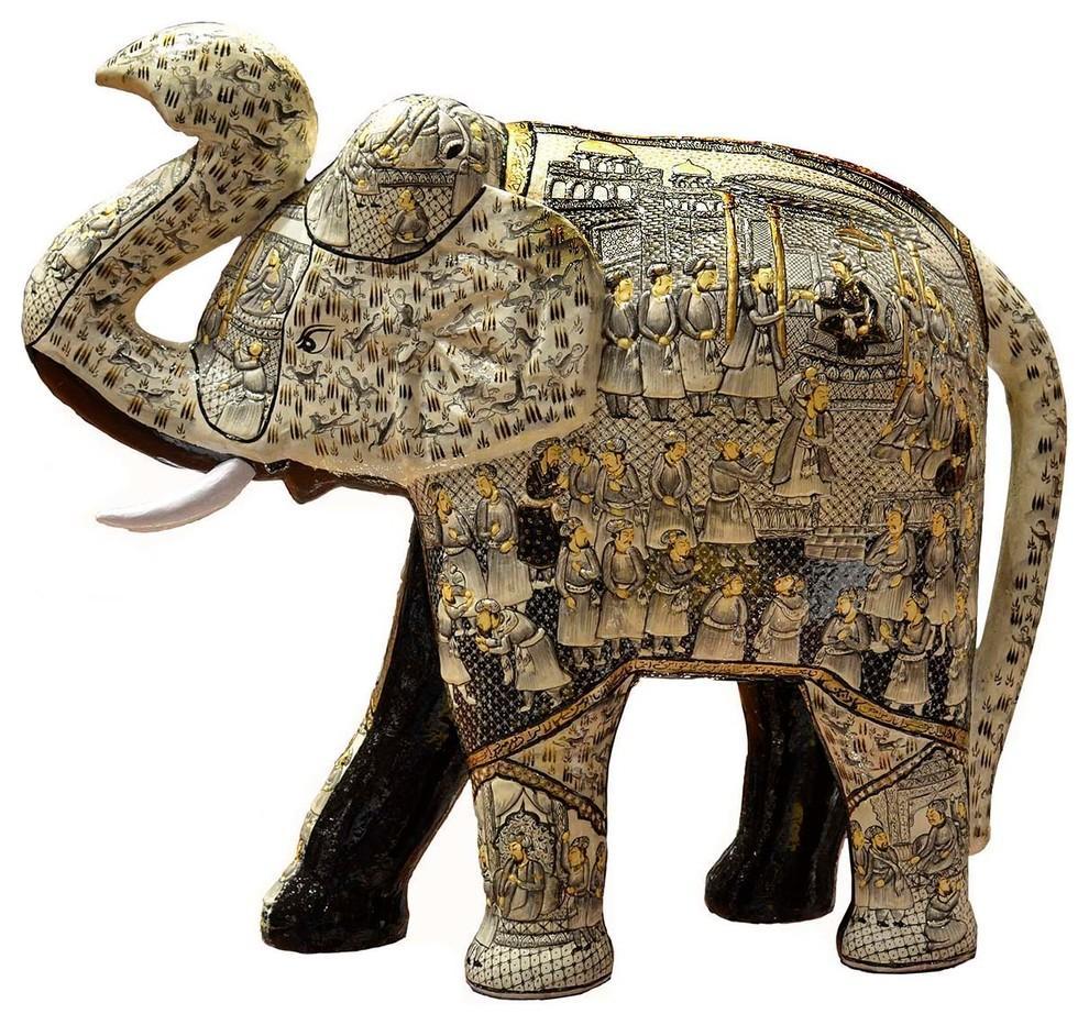 Ivory Decorative Papier Mache Embossed Elephant Sculpture Hand Crafted 22"H - KashmirDesigns