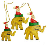 Santa Elephant Christmas Holiday Ornaments Handpainted, Brown, 3 Piece Set