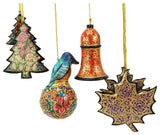 Holiday Christmas Ornaments, Hand Painted Robin Ball, Bell, Tree and Maple Sets