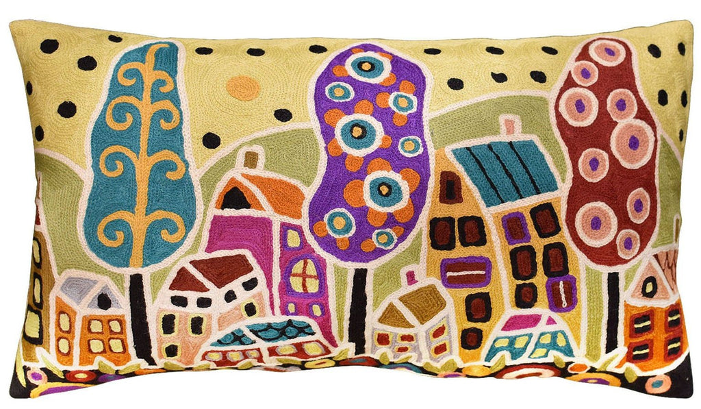 Houses Trees Flowers Karla Gerard Throw Pillow Cover Handembroidered Wool 14"x24" - KashmirDesigns