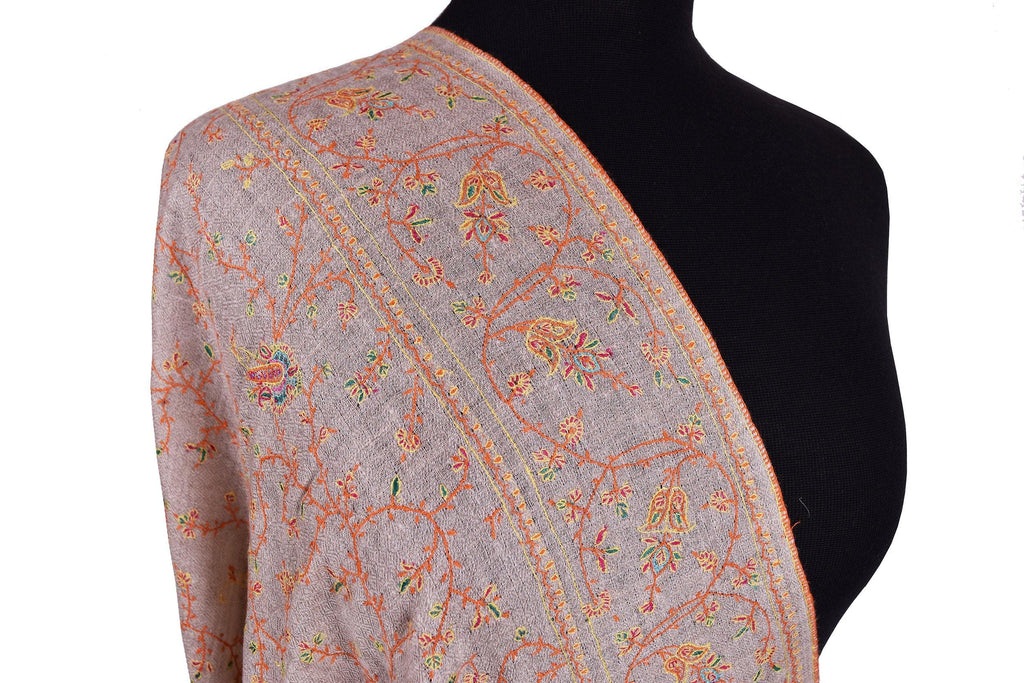 Hestia Pashmina Shawl Natural Antelope Handloom Suzani Needlework Wrap 27x76” - Kashmir Designs
