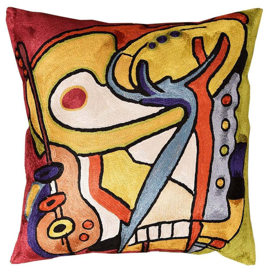 Bass Dance by Alfred Gockel Accent Pillow Cover Handembroidered Art Silk 18" x 18" - KashmirDesigns