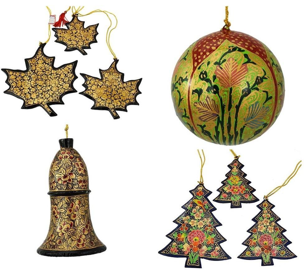 Holiday Christmas Ornaments, Hand Painted Ball, Bell, Tree and Maple Set - KashmirDesigns