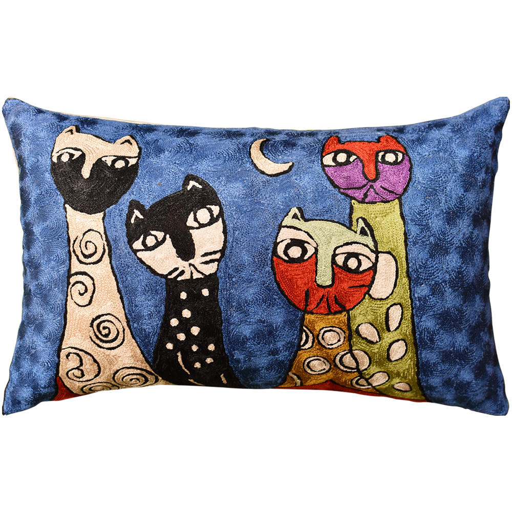Lumbar Picasso Four Cats Rectangle Pillow Cover Handembroidered Art Silk 13"x21" - KashmirDesigns