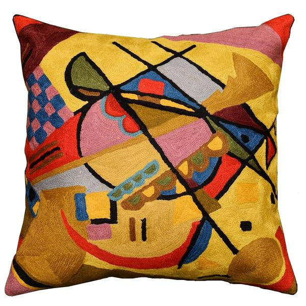 Kandinsky Yellow Gold Pillow Cover Varyagi Hand Embroidered, Wool, 18"x18" - KashmirDesigns