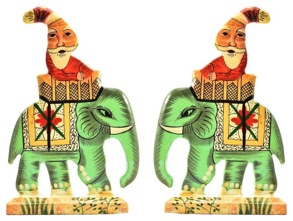 Santa Elephant Christmas Holiday Ornaments Handpainted, Green, Set of 2 - KashmirDesigns