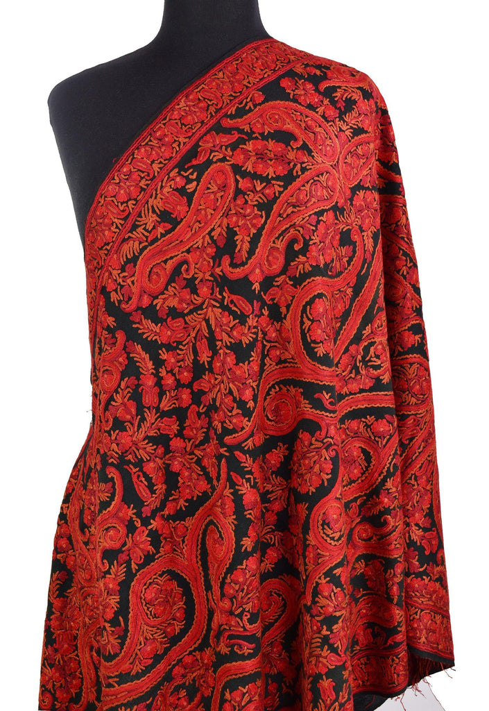 Melaina Kashmir Shawl Paisley Red Hand Embroidered Suzani Needlework Wrap 27x76" - Kashmir Designs
