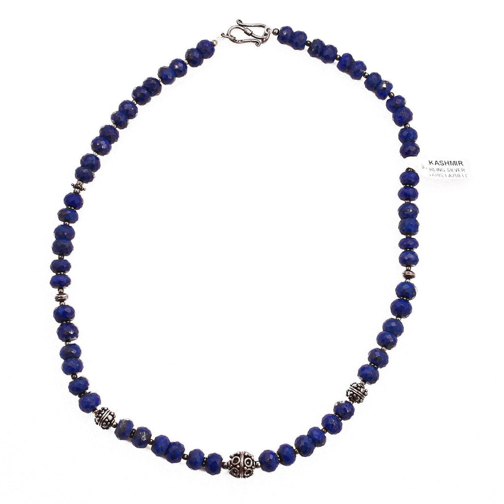Blue Lapis Lazuli Necklace Sterling Silver Collar Round Beads Faceted Handcrafted - Kashmir Designs