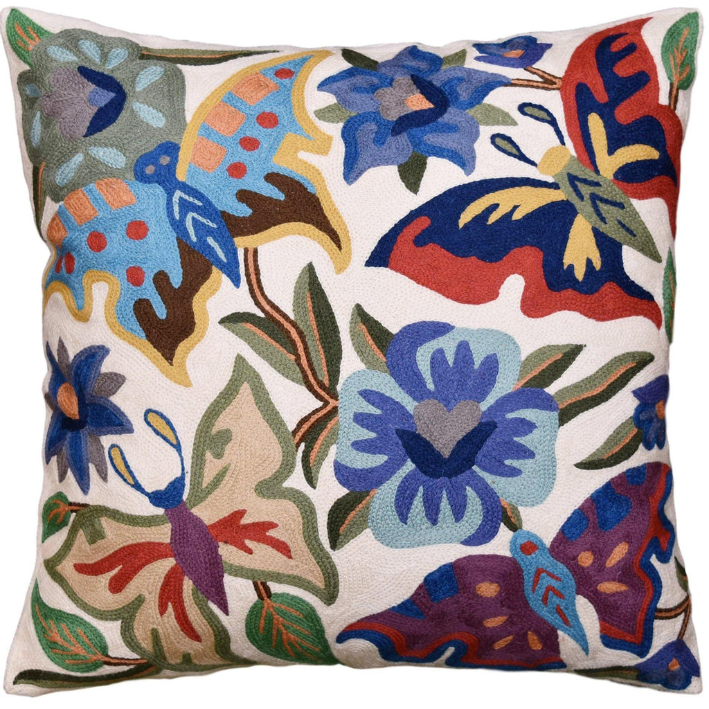 Kashmir Designs Suzani Butterfly Decorative Pillow Cover Floral Garden Hand Embroidered Wool 18x18 - Kashmir Designs