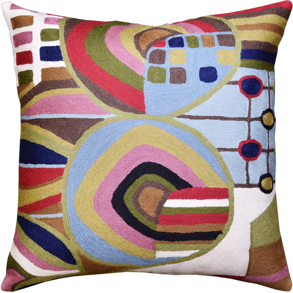 Hundertwasser Pillow Cover Blue Biomorph I Art Nouveau Cushions Hand Embroidered Wool 18x18"