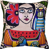 Bella Senorita Parrot II Pillow Cover Colorful Mexican Art Fawn Handembroidered Wool 18x18