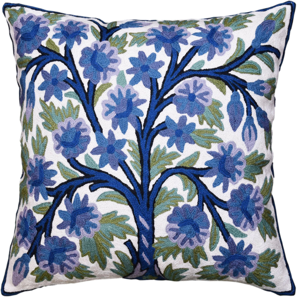 Indigo Blue Floral Pillow Cover Tree of Life Bloom Hand embroidered Wool 18"x18"