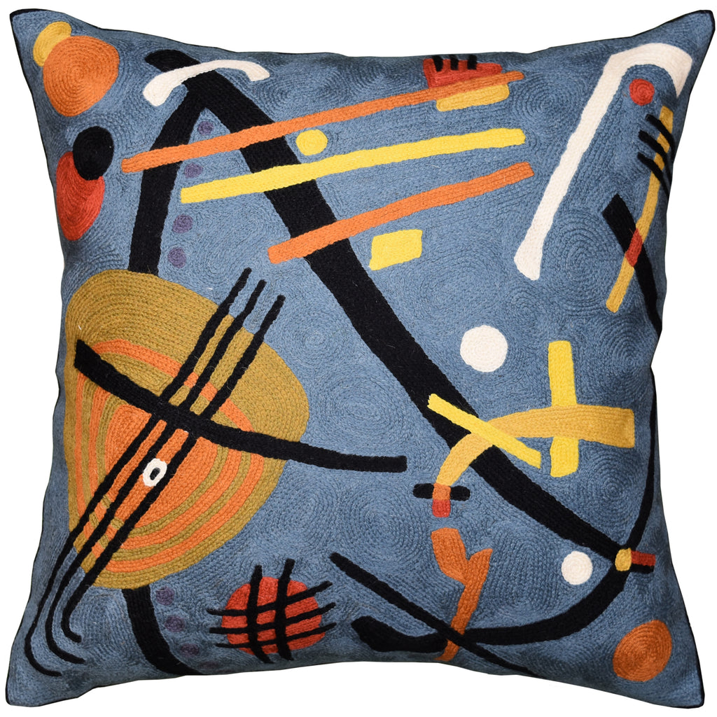 Kandinsky Gray Decorative Pillow Cover Escape Abstract Grey Cushions Hand Embroidered Wool 18x18" - KashmirDesigns