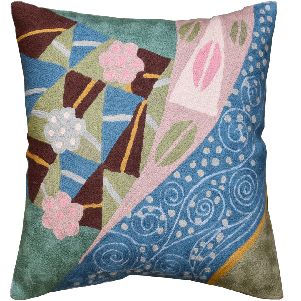 Klimt Blue Seed Pillow Cover Elements Art Nouveau Cushion Cover Hand Embroidered Wool 18x18" - KashmirDesigns