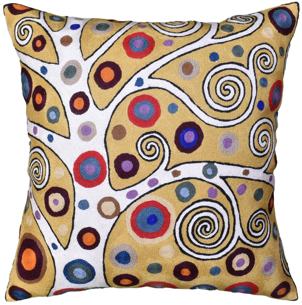 Klimt Yellow Tree of Life Pillow Cover | Gold Floral Pillowcase | Flower Accent Pillows |Suzani Cushions | Flower Pillows | Modern Floral Cushion Cover | Hand embroidered Cushions Wool Size - 18x18 - KashmirDesigns