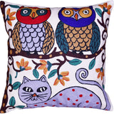 Two Owls on Tree Cat Decorative Pillow Cover Whimsical Handembroidered Wool 18x18