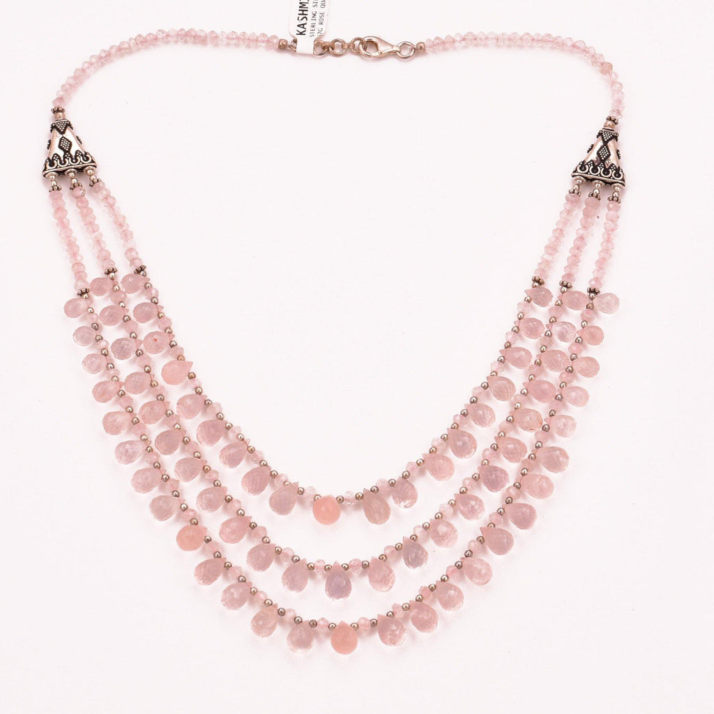 Pink Rose Quartz Teardrop Necklace Sterling Silver 3 Line Briolette Matinee Collar Necklaces Handcrafted - Kashmir Designs