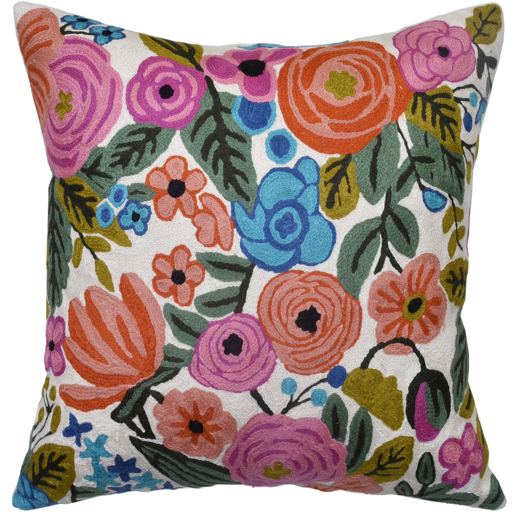 Roses Flower Floral Pillow Cover Farmhouse Chair Pillowcase Suzani Flower Cushion Boho Flower Throw Pillow Wool Hand Embroidered Size 18x18