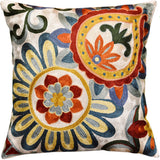 Suzani Daisy Elements Ivory Decorative Pillow Cover Handmade Art Silk 18x18