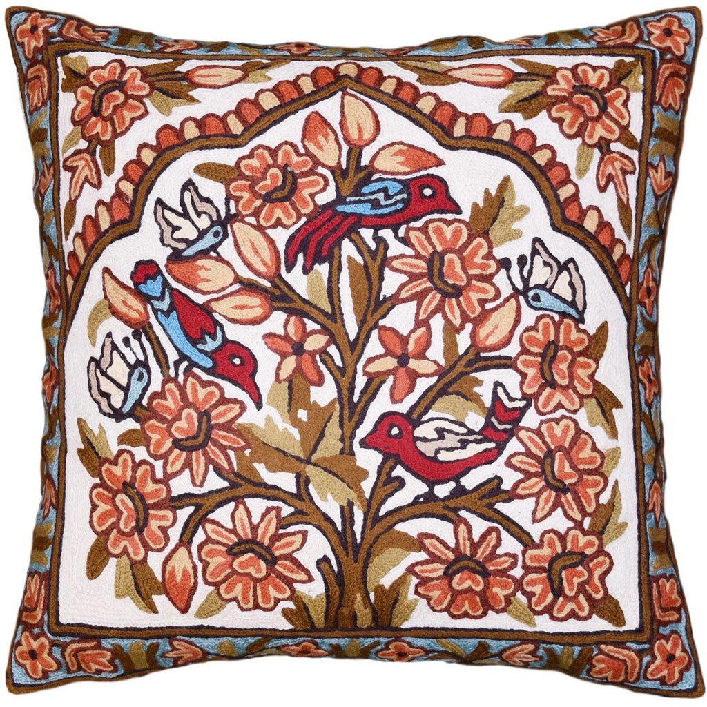 Bird & Butterflies Decorative Pillow Cover Gold Tree of Life Handembroidered Wool 18x18 - Kashmir Designs