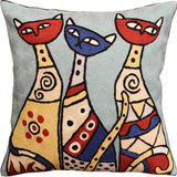 Cute Cats Light Turquoise Decorative Pillow Cover Triplets Handmade Wool 18x18