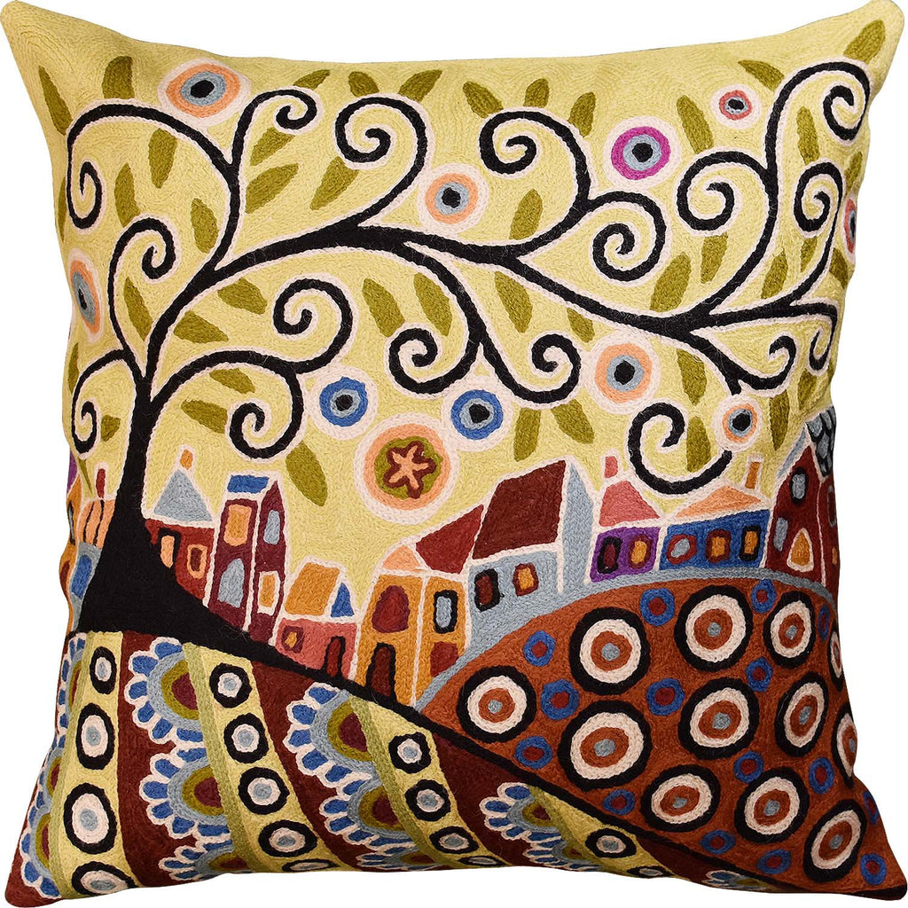 Blooming Village Karla Gerard Accent Pillow Cover Handembroidered Wool 18"x18" - KashmirDesigns