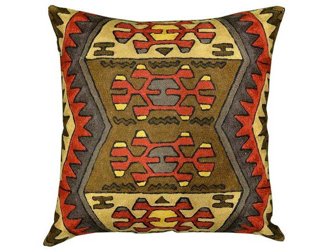Aztec Navajo Tribal Pillow Brown Red Hand Embroidered Wool 18" x 18" - KashmirDesigns