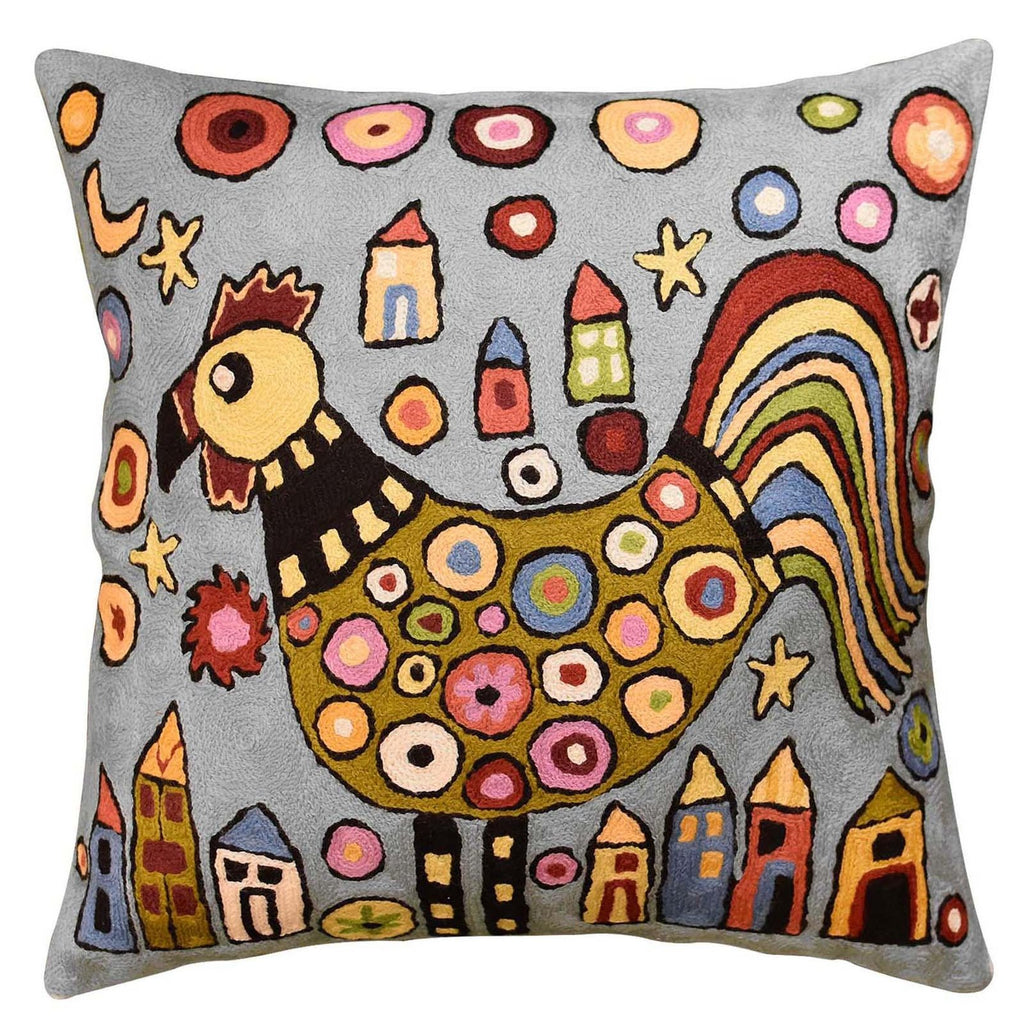 Rooster Collage Karla Gerard Accent Pillow Cover Handembroidered Wool 18"x18" - KashmirDesigns
